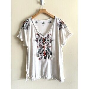Ruff Hewn Womens Fringe Tunic Top XL Cream Embroidered Cotton Blend Boho‎ Hippie